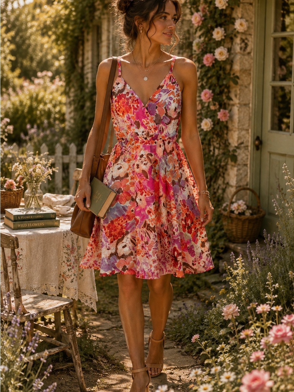 Lulu's Pink Multi Floral V-Neck Spaghetti Strap Mini Dress